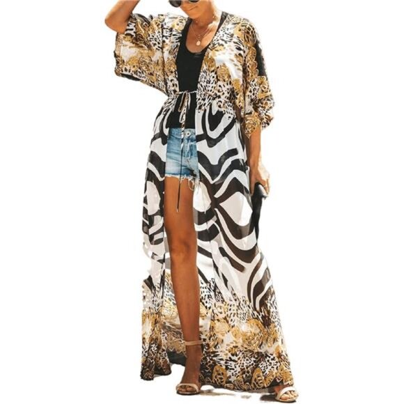 Animal Zebra Print Long Maxi Kimono Cardigan‎ Bikini Swimsuit Cover Up Beachy - Picture 4 of 4